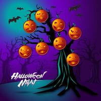 Halloween pumpkins hanging onspooky trees with moonlight on purple green background. vector