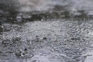 Rain drops in the water heavy on asphalt shade of black shadow and reflection of dark sky in the city. high contrast during autumn photo