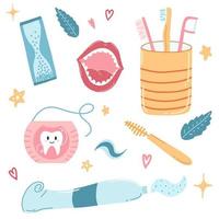 productos dibujados a mano para limpiar los dientes en estilo plano de dibujos animados. ilustración vectorial de boca, cepillo de dientes, tubo de pasta de dientes, hilo dental, cepillo interdental. higiene bucal infantil, cuidado, concepto de odontología vector