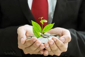 Plant growing from money coins in hands Business man in suit and red necktie. business and savings financial  concept. photo