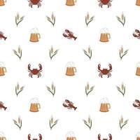 Seamless Pattern With Beer Mugs, Wheat And Crabs. Background For Menu, Packaging, Bar Design. vector