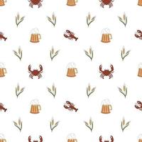 Seamless Pattern With Beer Mugs, Wheat And Crabs. Background For Menu, Packaging, Bar Design. vector