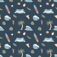 Seamless Pattern With Hand Drawn Elements With A Surf Theme. Wave, Surf, Palm Trees And More. vector