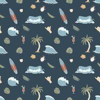 Seamless Pattern With Hand Drawn Elements With A Surf Theme. Wave, Surf, Palm Trees And More. vector