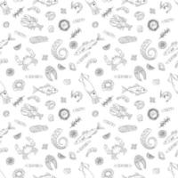 Seamless Pattern With Seafood. Flat Hand Drawn Vector Illustration, Outline.