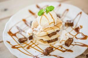 Chocolate caramel brownies and pancakes photo