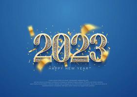 fondo de feliz año nuevo 2023, número clásico con brillo dorado de lujo vector