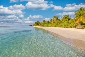 Tropical paradise beach with white sand and coco palms travel tourism wide panorama background concept. Morning sunlight, relax vibes, blue cloudy sky, exotic shore. Island vacation, summer landscape