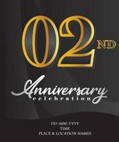 02nd Anniversary Invitation and Greeting Card Design, Golden and Silver Coloured, Elegant Design, Isolated on Black Background. Vector illustration.