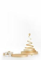 Christmas spiral tree and gifts around on winter white studio background. photo