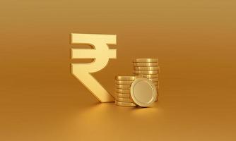 Stack of gold coins next to Indian rupee symbol on a golden background. Currency exchange. photo