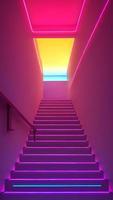 Staircase going upwards in Neon Glowing colors. Pink Violet Blue and Yellow. Futuristic CyberPunk Art of dystopian staircase. photo