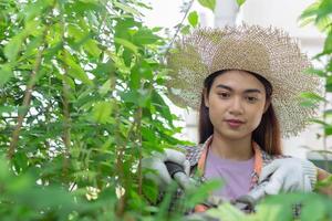 mujer asiática usa sombrero podando arbustos con grandes tijeras de jardín. foto