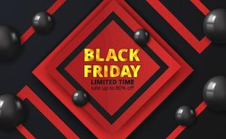 Black friday discount banner template with red and black color and golden glossy text and black sphere decoration vector