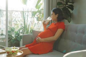 Healthy nutrition during pregnancy. Pregnant woman drinking milk, sitting on sofa, free space photo