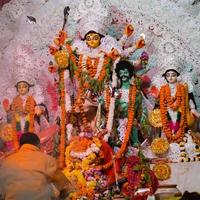 Kolkata, India, September 29,2021 - Goddess Durga with traditional look in close up view at a South Kolkata Durga Puja, Durga Puja Idol, A biggest Hindu festival in India photo