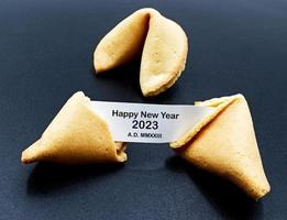 Happy New Year 2023 A.D. MMXXIII. Cracked Chinese fortune cookie with message. photo