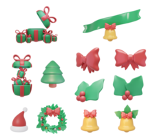 conjunto de renderização 3d de itens de natal para decoração de cartão árvore de natal grinalda presente sino bagas conceito de ícones de natal png