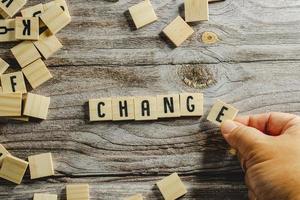 Change word cube on wood background ,English language learning concept photo