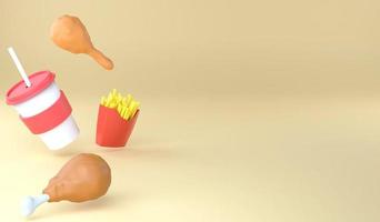 3D rendering comida rápida en fondo amarillo. El juego de bocadillos americanos de ilustración 3d incluye una taza de refresco, papas fritas y papas fritas, pollo foto