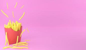3d renderizado papas fritas sobre fondo rosa. Ilustración 3d concepto de comida rápida y espacio de copia foto