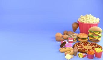 Grupo de renderizado 3d de comida chatarra. Ilustración 3d concepto de comida rápida y espacio de copia foto