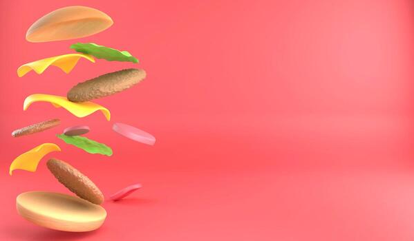 3D rendering falling part of hamburger on red background. 3D illustration fast food concept and copy space photo