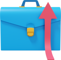 Blue briefcase with a red arrow growing up, front view. PNG icon on transparent background. Business portfolio success. 3D rendering.