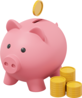Pink piggy bank, dropping coins, stacks of money. PNG icon on transparent background. 3D rendering.