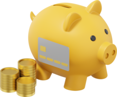 Yellow piggy bank, stacks of coins and credit card. PNG icon on transparent background. 3D rendering.