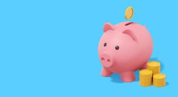 Pink piggy bank with falling coins, stacks of coins on blue background. Accumulation of savings icon. Banner, space for text. 3D rendering. photo