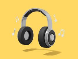 Realistic gray headphones with musical notes on yellow background. 3d rendering. photo