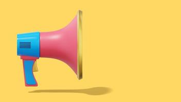 3d rendering. Multicolored megaphone on yellow background with space for text. Side view. photo
