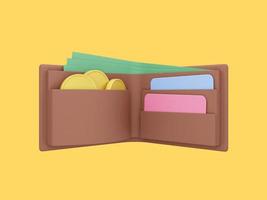 Open wallet with coins, bills and credit cards on yellow background. 3d rendering photo