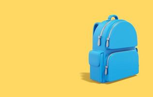 Realistic blue school city backpack on yellow background with space for text. 3d rendering. photo