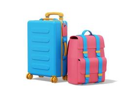 3d rendering. Multicolored suitcase and tourist backpack on white background. photo