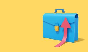 Blue briefcase with rising red arrow on yellow background. Portfolio icon banner with space for text. 3D rendering. photo