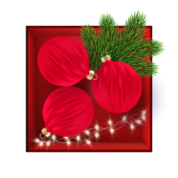 Red gift box with Christmas balls and branches png