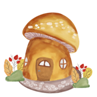 watercolor of mushroom house in autumn season
