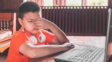 Difficulty Of Home Education or studying online with a Depressed Asian boy Having A Hard Time Doing School Homework Online, Touching Head Sitting Indoors photo