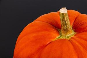 Orange pumpkin with a stem, close-up on a black background. Autumn background. Copy space. photo