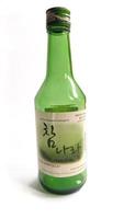 Depok, Indonesia - September 13, 2022. Bottle of alcohol and alcoholic beverage isolated on white background.Cham Nara Soju Label.Brand. photo