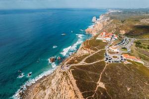 Aerial drone view of lighthouse at Cabo da Roca with unidentifiable tourists enjoying the amazing views. Ursa Beach is visible in the far background photo