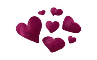 elementos de corações roxos em aquarela desenhados à mão para design. grupo de sete formas de coração simples. símbolos de amor fofos