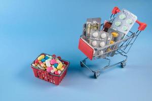 Buy medicine. Shopping basket with various medicinal, pills, tablets on blue background. Studio Photo