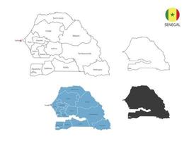 4 estilo de ilustración de vector de mapa de senegal tiene toda la provincia y marca la ciudad capital de senegal. por estilo de simplicidad de contorno negro delgado y estilo de sombra oscura. aislado sobre fondo blanco.