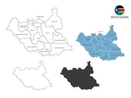 El estilo 4 de la ilustración vectorial del mapa de Sudán del Sur tiene todas las provincias y marca la ciudad capital de Sudán del Sur. por estilo de simplicidad de contorno negro delgado y estilo de sombra oscura. aislado sobre fondo blanco. vector