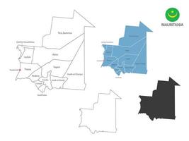 4 estilo de ilustración de vector de mapa de mauritania tiene toda la provincia y marca la ciudad capital de mauritania. por estilo de simplicidad de contorno negro delgado y estilo de sombra oscura. aislado sobre fondo blanco.