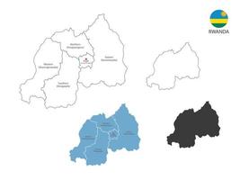 4 style of Rwanda map vector illustration have all province and mark the capital city of Rwanda. By thin black outline simplicity style and dark shadow style. Isolated on white background.