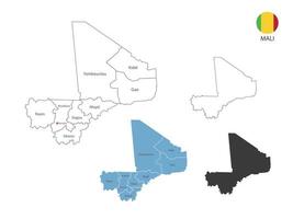 4 estilo de ilustración de vector de mapa de mali tiene toda la provincia y marca la ciudad capital de mali. por estilo de simplicidad de contorno negro delgado y estilo de sombra oscura. aislado sobre fondo blanco.